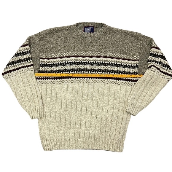 90S Liberty Beige Grey Fair Isle Chunky Knit Grandpa Sweater Mens medium - Picture 4 of 10